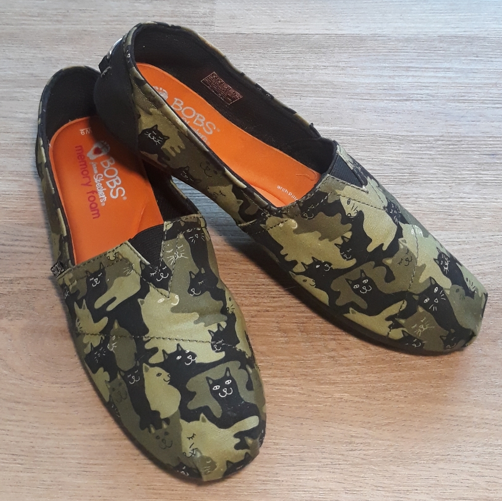Skechers Bobs Plush Cat-Mouflage Shoes / Sz 9 Bobs Green Cat Camo Slip On Flats - Picture 11 of 12